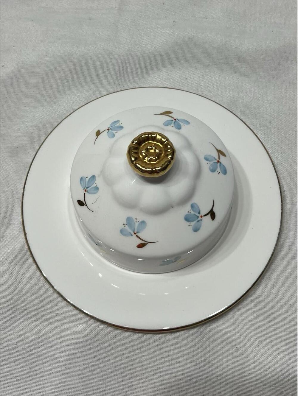 Royal Albert Bone China  Covered Butterdish White with Blue/Gold Floral Accents